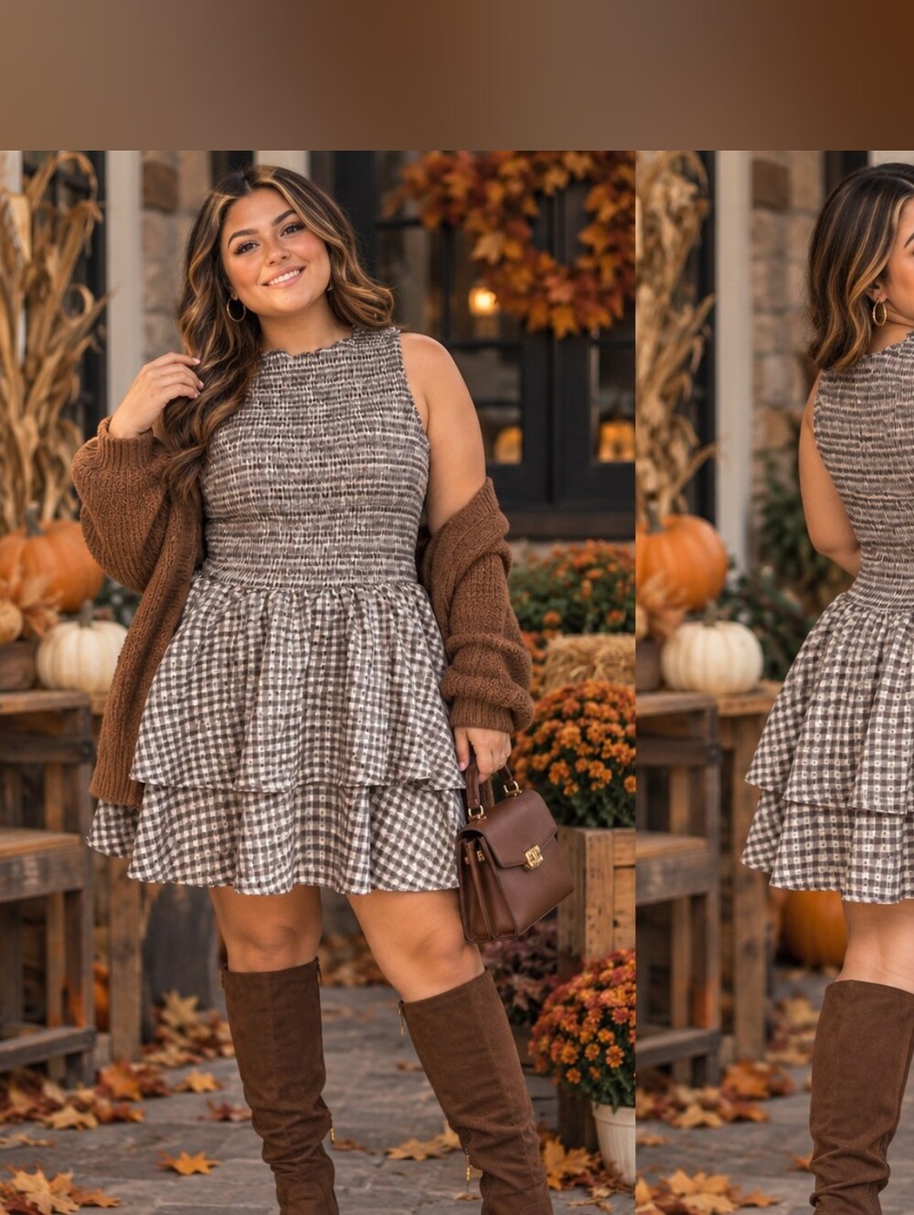 Tiered Smocked Gingham Mini Dress in Brown